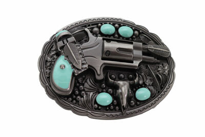 Men Women Western Buckle Silver Metal Revolver Gun Feather Bull Turquoise Biker