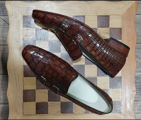 Men's Brown Alligator Skin Texture Leather Loafer Shoes, Handmade Double Monk Leather Dress Shoes