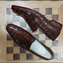 Men's Brown Alligator Skin Texture Leather Loafer Shoes, Handmade Double Monk Leather Dress Shoes