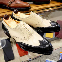 Handmade Men’s Black & White Color Leather Shoes, Wing Tip Brogue Dress Lace Up - Thumbnail 4