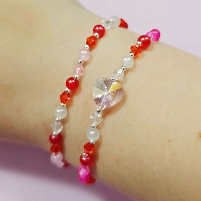 Valentines beaded/bicone stretchy bracelet set without clasp