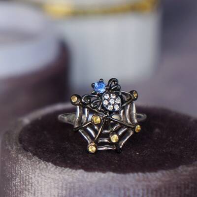 Web predator- natural blue sapphire spider and natural yellow sapphire ring 925 sterling silver ring september birthstone us 6 1/4 or 6.25