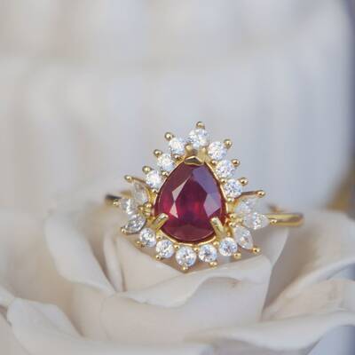 Cz halo natural ruby ring pear shape 8x6mm 925 sterling silver ring for women for birthday for anniversary us size 6