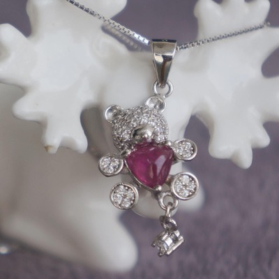 Baby bear-natural pink tourmaline pendant 925 sterling silver pendant for girlfriend for birthday(free silver chain gift)