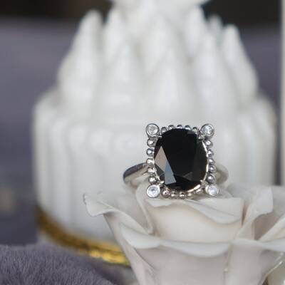 Super cool! black quartz ring cool ring 925 sterling silver ring plated in rhodium gift white sapphire accent stones