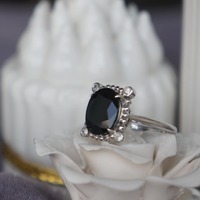 Super Cool! Black Quartz Ring Cool Ring 925 Sterling Silver Ring plated in Rhodium Gift White Sapphire accent stones - Thumbnail 1