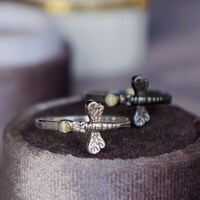 Dragonfly Ring--Round Shape Cat's Eye Chrysoberyl Ring Small Cab 925 Sterling Silver Ring plated in Rhodium US size 8 - Thumbnail 1