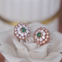 Floral Design CZ Double Halo Natural Emerald Cab Earstuds 925 Sterling Silver Stud Earrings Plated in Pink Gold May Birthstone - Thumbnail 2