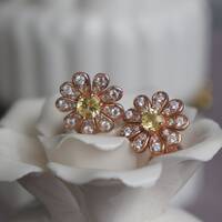 Daisy--Natural Yellow Sapphire Floral Earstuds 925 Sterling Silver Stud Earrings Plated with Rose Gold For Lady and Girl - Thumbnail 4