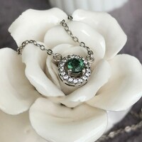 CZ Halo Natural Teal Sapphire Necklace 925 Sterling Silver Blue Green Sapphire 4mm Round Excellent Color and Brilliance Gift for Girls - Thumbnail 3