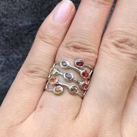 Stylish multi-color Sapphire Ring 925 Sterling Silver Rhodium Plated Yellow/Orange/Red/Purple Sapphire Sep. Birthstone US 5.5 Ring - Thumbnail 5