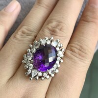 Cocktail Natural Amethyst Silver Ring Solid 925 Sterling Silver Ring US size 8 for Lady - Thumbnail 5