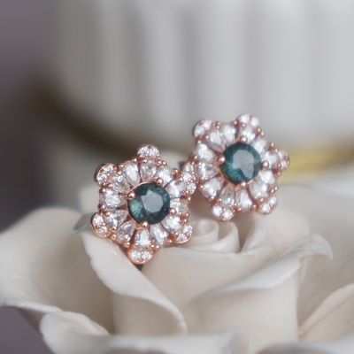 Snow flake- natural teal sapphire earstuds 925 sterling silver stud earrings design earstuds plated in rose gold for lady and girl