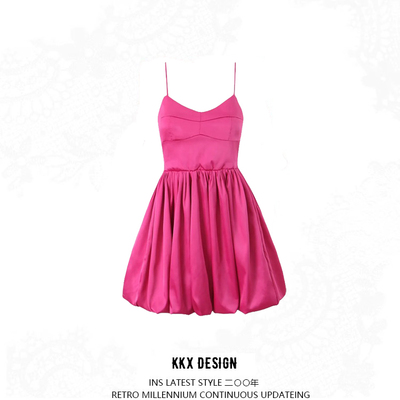 Suspender flower bud mini skirt girls sexy v-neck slim fit splicing pleated satin dress - Thumbnail 5