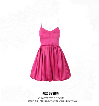 Suspender Flower Bud Mini Skirt Girls Sexy V-neck Slim Fit Splicing Pleated Satin Dress