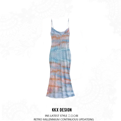 Tie-dye printed mesh suspender dress - Thumbnail 5