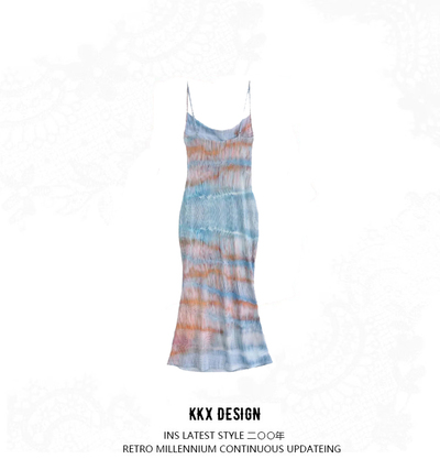 Tie-dye printed mesh suspender dress