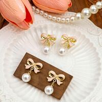 Bowknot Shaped Imitation Pearl Pendant Earrings - Thumbnail 1