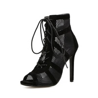 New Black Mesh Fashionable Cross Strap Sexy High Heel Sandals - Thumbnail 2