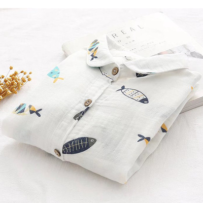 Cartoon fish print shirt double cotton blouses