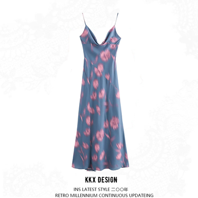 Drape neck printed high waist halter long dress