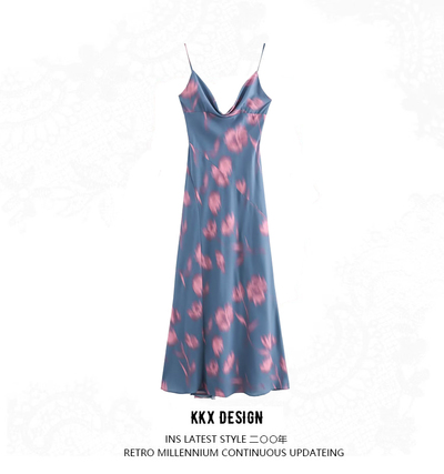 Drape Neck Printed High Waist Halter Long Dress