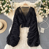 Ladies Fashion Folded Bubble Sleeves Slim Fit Short Chiffon Shirt - Thumbnail 4
