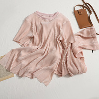 New Style Round Neck T-shirt Top High Waist Split Wide Leg Pants Two Piece Set - Thumbnail 1