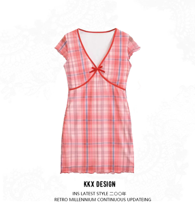Retro V-neck plaid mesh sexy hip skirt