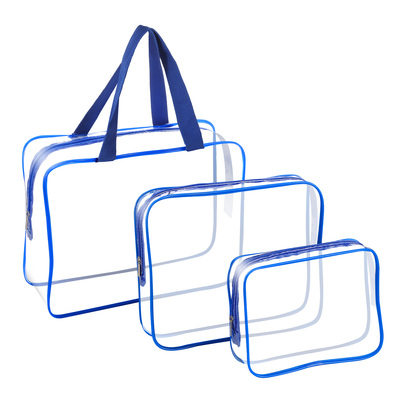 3pcs clear travel bags waterproof cosmetic makeup lotion toiletry wash handbags transparent holder pouch kits for swimming travel hotel-blue