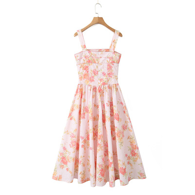 Sexy long holiday style fresh floral print square neck slim dress