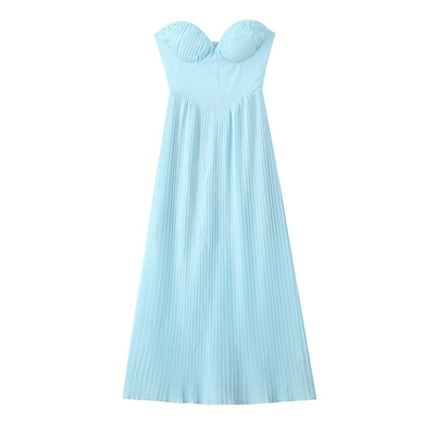 Pleated waist slim fit sexy tube top long dress casual dress - Thumbnail 5