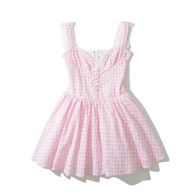 Retro small fresh pink plaid lace button suspender skirt dress - Thumbnail 5