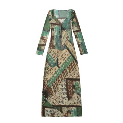 Retro medieval style printed long sleeves temperament sexy elegant long dress - Thumbnail 4