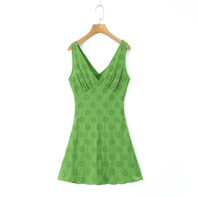 Sexy deep v neck short tie embroidered sleeveless dress - Thumbnail 4