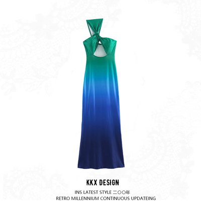 Lightweight and mature gradient printed one-piece suspender long skirt - Thumbnail 5