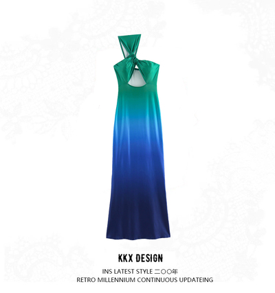 Lightweight and mature gradient printed one-piece suspender long skirt
