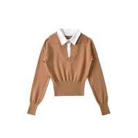 Fake two-piece POLO collar stitching contrast color long-sleeved sweater - Thumbnail 2