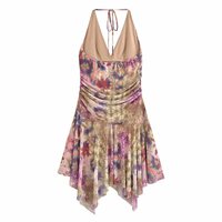 Halter neck tie backless waist French retro style irregular suspender skirt - Thumbnail 1