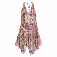 Halter neck tie backless waist French retro style irregular suspender skirt - Thumbnail 2