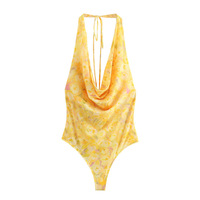 Printed Tulle Slim Sexy Pile Neck Open Back Bodysuit - Thumbnail 2