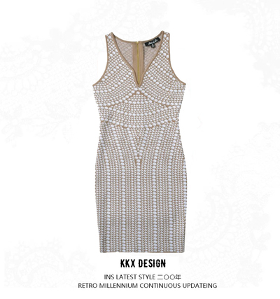 Retro Deep V Neck Polka Dot Jacquard Sleeveless Vest Dress