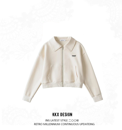 Short Zipper Sweater Jacket Women's Lapel Letter Embroidery Loose Casual Cardigan