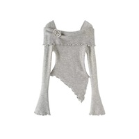 Sexy off-shoulder sweater with a flared neckline and irregular knitted sweater - Thumbnail 2