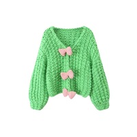 V-neck bow contrast color concealed button sweater new style woven lantern sleeve cardigan - Thumbnail 3