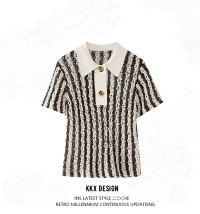 Vintage Polo Neck Striped Short Sleeve Sweater