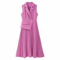 Suit collar irregular pleated patchwork vest dress - Thumbnail 2