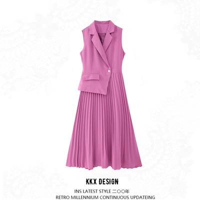 Suit collar irregular pleated patchwork vest dress - Thumbnail 2