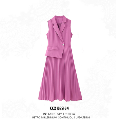 Suit collar irregular pleated patchwork vest dress