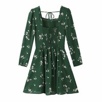 Retro floral print heart-shaped collar ruffled long-sleeved dress - Thumbnail 1